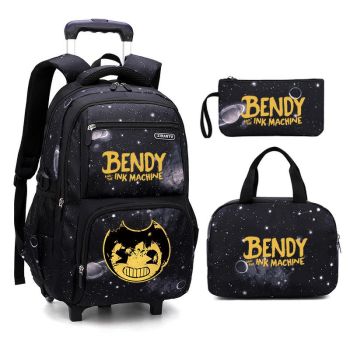 Bendy and the Ink Machine 3Pcs Starry Sky Rolling Backpack for Boys Backpack with Wheels Roller School Bag 2 Wheels Trolley Bookbag with Lunch Bag 