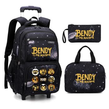 Bendy and the Ink Machine Boys Rolling Backpacks Kids'Luggage Wheeled Backpack for School Boys Trolley Bags Space-Galaxy Roller Bookbag 