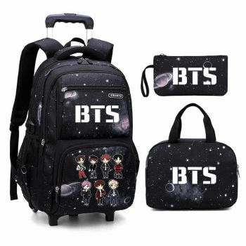 BTS Galaxy-Print Rolling-Backpack Boys-Bookbag on Wheels, Galaxy Wheel Backpack, Wheel Trolley Bag for School 