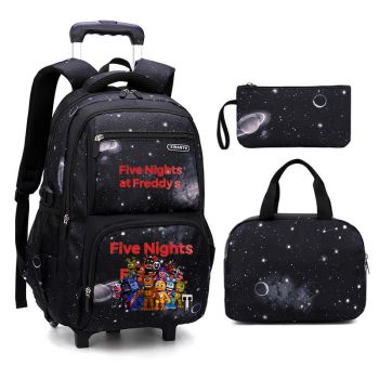 Five Nights at Freddy's 3Pcs Starry Sky Rolling Backpack for Boys Backpack with Wheels Roller School Bag 2 Wheels Trolley Bookbag with Lunch Bag 