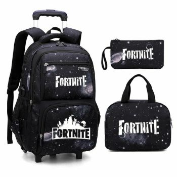 Fortnite LOGO 3Pcs Starry Sky Rolling Backpack for Boys Backpack with Wheels Roller School Bag 2 Wheels Trolley Bookbag with Lunch Bag 
