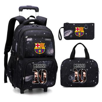 Messi 3Pcs Starry Sky Rolling Backpack for Boys Backpack with Wheels Roller School Bag 2 Wheels Trolley Bookbag with Lunch Bag 