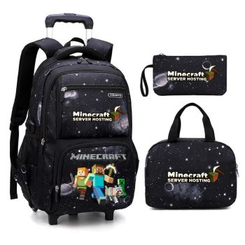 Minecraft 3Pcs Starry Sky Rolling Backpack for Boys Backpack with Wheels Roller School Bag 2 Wheels Trolley Bookbag with Lunch Bag 