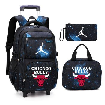 NBA Chicago bulls 3Pcs Starry Sky Rolling Backpack for Boys Backpack with Wheels Roller School Bag 2 Wheels Trolley Bookbag with Lunch Bag 