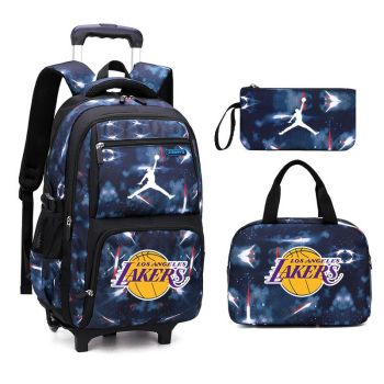 NBA Lakers Boys Rolling Backpacks Kids'Luggage Wheeled Backpack for School Boys Trolley Bags Space-Galaxy Roller Bookbag 