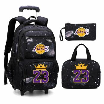 NBA Lakers James Jordan 3Pcs Starry Sky Rolling Backpack for Boys Backpack with Wheels Roller School Bag 2 Wheels Trolley Bookbag with Lunch Bag 