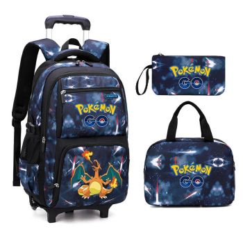 Pokemon Charizard 3Pcs Starry Sky Rolling Backpack for Boys Backpack with Wheels Roller School Bag 2 Wheels Trolley Bookbag with Lunch Bag 