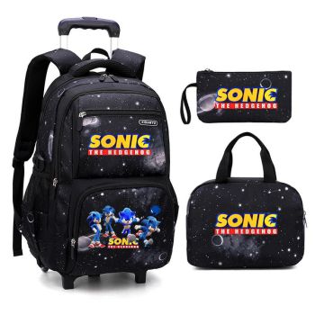 Sonic The Hedgehog 3Pcs Starry Sky Rolling Backpack for Boys Backpack with Wheels Roller School Bag 2 Wheels Trolley Bookbag with Lunch Bag 