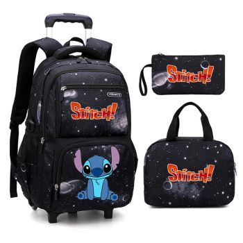 Stitch 3Pcs Starry Sky Rolling Backpack for Boys Backpack with Wheels Roller School Bag 2 Wheels Trolley Bookbag with Lunch Bag 