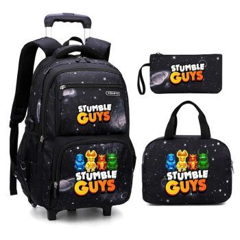 Stumble Guys 3Pcs Starry Sky Rolling Backpack for Boys Backpack with Wheels Roller School Bag 2 Wheels Trolley Bookbag with Lunch Bag 