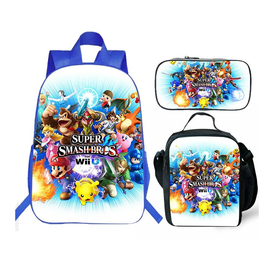 Super Smash Bros Backpack Student Schoolbag Kid Insulated Lunch Bag Pen Bag 4PCS 