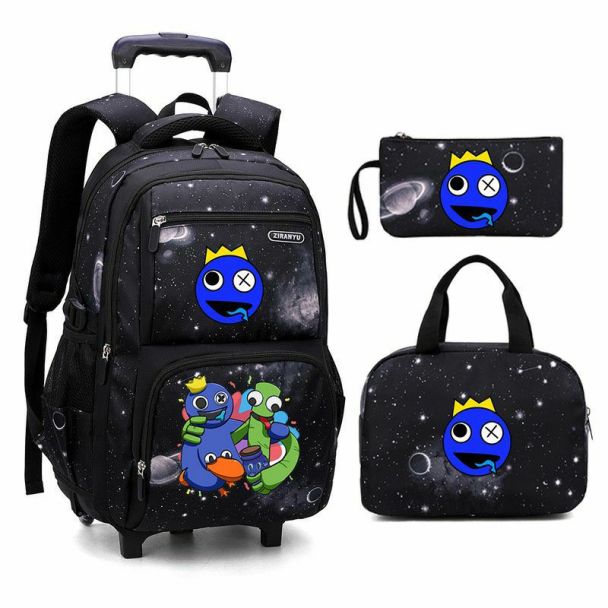 Rainbow Friends 3Pcs Starry Sky Rolling Backpack for Boys Backpack with Wheels Roller School Bag 2 Wheels Trolley Bookbag with Lunch Bag 