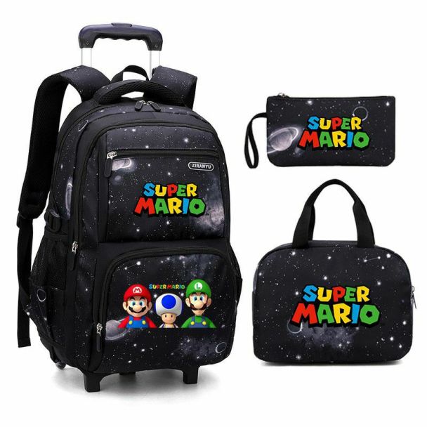 Super Mario Boys Rolling Backpacks Kids'Luggage Wheeled Backpack for School Boys Trolley Bags Space-Galaxy Roller Bookbag 