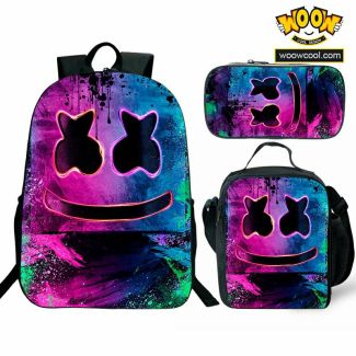 New marshmello Backpack Lunch box School Bag Kid Bookbag Black
