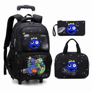 Rainbow Friends 3Pcs Starry Sky Rolling Backpack for Boys Backpack with Wheels Roller School Bag 2 Wheels Trolley Bookbag with Lunch Bag 