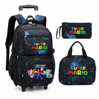Super Mario 3Pcs Starry Sky Rolling Backpack for Boys Backpack with Wheels Roller School Bag 2 Wheels Trolley Bookbag with Lunch Bag 